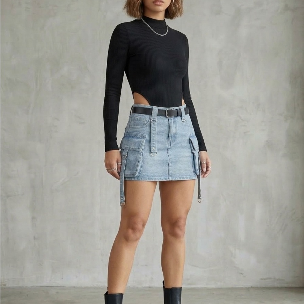 Light Wash Denim Cargo Mini Skirt